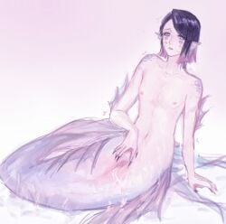 1boy absurdres alternate_species arm_fins arm_support black_hair black_nails blue_eyes blunt_ends chinese_commentary clitoris collarbone colored_tips commentary_request cum cum_in_pussy cum_on_body cumdrip cuntboy enmu_(kimetsu_no_yaiba) facial_mark fingernails fins furrowed_brow gradient_background head_fins highres horizontal_pupils kimetsu_no_yaiba kneeless_mermaid kotomaruqwq long_fingernails looking_at_viewer male_focus merman monster_boy multicolored_hair nail_polish navel nipples nude parted_bangs parted_lips photoshop_(medium) pink_hair pussy raised_inner_eyebrows scales sharp_fingernails short_hair side_part simple_background solo spread_pussy spreading_own_pussy stomach two-tone_hair uncensored urethra wet