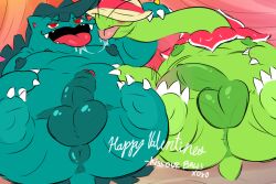 anthro anus ass balls belly big_balls big_belly big_penis blush duo feet_up flower generation_1_pokemon generation_2_pokemon genitals green_body holidays kissing leaf leothelionel long_neck looking_at_viewer lying male male/male meganium nintendo nipples nude on_back penis plant pokemon pokemon_(species) presenting presenting_anus presenting_balls simple_background slightly_chubby slightly_chubby_male stinky_(leothelionel) tail tongue tongue_out valentine's_day venusaur