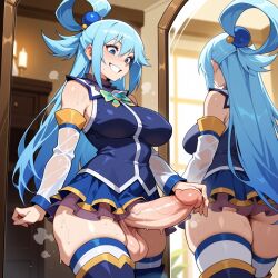 1futa 1futanari ai_generated anime aqua_(konosuba) ass bare_shoulders blue_eyes blue_footwear blue_hair blue_shirt blue_skirt blue_thighhighs blush boots bow breasts candle clothing detached_sleeves erection futa_only futanari futanari_masturbation green_bow grin hair_between_eyes hair_ornament hair_rings huge_cock huge_testicles indoors intersex kono_subarashii_sekai_ni_shukufuku_wo! konosuba large_breasts large_penis legwear light-skinned_futa long_hair long_sleeves looking_at_mirror lunaart microskirt miniskirt mirror penis reflection see-through see-through_sleeves shirt single_hair_ring skindentation skirt sleeveless sleeveless_shirt smile solo standing sweat teeth testicles thigh_boots thighhighs thighhighs_under_boots thighs veins veiny_penis very_long_hair wet white_sleeves white_thighhighs