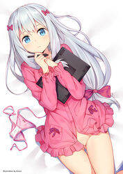 absurdres artist_name blue_eyes blue_hair blush bow brora closed_mouth drawing_tablet eromanga_sensei female hairbow highres izumi_sagiri long_hair looking_at_viewer lying on_back pajamas panties panties_removed partially_visible_vulva pink_bow pink_panties pussy solo stylus underwear