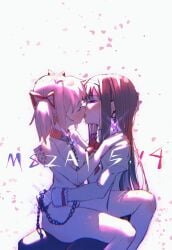 2girls accessory akemi_homura artist_name black_hair blush chain_leash chains cherry_blossoms closed_eyes clothed_female_nude_female collar earring face-to-face falling_petals hair_ribbon hairband hei_yan-m82a1 kissing leggings long_hair looking_at_partner madoka_kaname magical_girl mahou_shoujo_madoka_magica medium_hair mitakihara_school_uniform multiple_females multiple_girls nude_female pink_hair puella_magi_madoka_magica purple_eyes ribbon school_uniform short_hair sitting_on_lap source_request stockings tagme white_background
