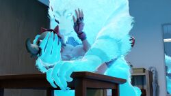 3d 3d_render blender blizzard_entertainment female female_penetrated head_grab interspecies kiriko_(overwatch) kitsune kitsune_(overwatch) legs_around_partner legs_around_waist looking_at_another male male/female male_penetrating monster mythology overwatch partially_clothed sex table vaginal_penetration vaginal_sex werecanid werewolf work_in_progress z-k9