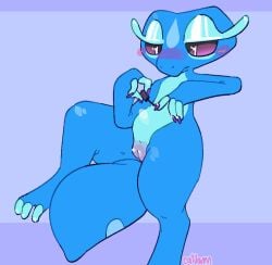 anthro blue_body blue_theme blush blush_lines catjamn colored_nails digital_drawing_(artwork) digital_media_(artwork) female flat_chested flat_colors game_freak gecqua generation_10_pokemon genitals lizard miori nails nintendo nude pokemon pokemon_ww purple_nail_polish purple_nails reclining reptile scalie self_care solo vulva