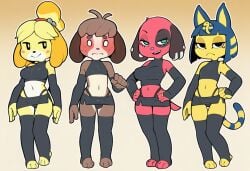 3_toes 5_fingers ai_generated animal_crossing ankha_(animal_crossing) anthro armwear big_breasts black_clothing blush bottomwear breasts bridal_gauntlets bulge canid canine canis cherry_(animal_crossing) clothed clothing crop_top crossdressing digby_(animal_crossing) ear_piercing ears_down ears_up elbow_gloves embarrassed expressionless feet felid feline female fingers flat_chested furry gloves gold_ring gradient_background group half-closed_eyes handwear isabelle_(animal_crossing) legwear lineup looking_at_viewer male mammal miniskirt narrowed_eyes nintendo no_pupils panties paws piercing pivoted_ears shirt simple_background skirt smug standing stirrup_legwear thigh_highs toes topwear underwear