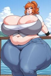 ai ai_art ai_generated areola_slip areolae bbw belly belly_button blue_eyes chubby chubby_arms chubby_female civitai cleavage creature_from_the_lake denim_vest fat fat_female freckles freckles_on_face fupa gigantic_ass huge_ass huge_breasts midriff muffin_top orange_hair ponytail shelby_(creature_from_the_lake) strained_buttons straining_clothing thick thick_ass thick_female thick_legs thick_thighs white_shirt wide_hips