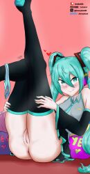 anus anus_peek aqua_eyes aqua_hair ass blush digital_media digital_media_(artwork) fanbox_username female female_only hatsune_miku hatsune_miku_(original) hi_res jhonnyrex leg_up legs_together legs_up oerba_yun_fang panties_around_one_leg patreon_username pillow presenting presenting_pussy simple_background striped_panties tie twintails vagina vocaloid yes-no_pillow