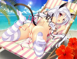 animal_ears ass beach bikini bikini_tan blush breasts cat_ears cat_tail cloud convenient_censoring cute_fang day feet female flower hair_ribbon hibiscus lens_flare long_hair looking_at_viewer lying nipples on_stomach palm_tree primal_hearts red_eyes ribbon sasorigatame silver_hair small_breasts smile solo striped striped_legwear swimsuit tail tail_ribbon tan tanline tenjindaira_haruhi thighhighs tied_hair tree twintails untied untied_bikini