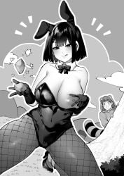 1boy 1girls big_boobs big_breasts big_tits black_and_white boobs breasts bunny_costume bunny_ears bunny_girl bunnygirl bunnysuit costume fairy_tales fake_tail fishnet_pantyhose folklore gloves hairclip hiding_behind_object high_heels hourglass_figure japanese_mythology kachi-kachi_yama licking_lips looking_at_another nipples no_bra pantyhose peeping ribbons striped_tail tamabon_(koutetsu_shabondama) thick_thighs thighs tits