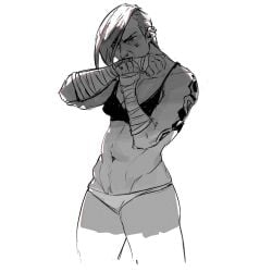 abs arcane arcane_vi arm_tattoo arm_wraps bandages black_bra bra covering_mouth eyebrow_slits face_tattoo female female_only film_grain grainy greyscale happy_trail hygienic_cat league_of_legends muscular muscular_female navel non_nude panties pierced_ears piercing pubic_hair rim_light short_hair small_breasts solo tattoo undercut underwear_only white_panties white_underwear