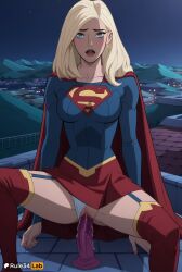 1girls ai_generated blonde_hair blue_eyes blue_shirt blush breasts cape clothing_aside collarbone dc dc_comics dildo dildo_in_pussy dildo_insertion dildo_riding female female_masturbation female_only garter_straps hi_res kara_danvers kara_zor-el legion_of_superheroes long_hair long_sleeves looking_at_viewer masturbation medium_breasts mountain night object_insertion open_mouth outdoors panties panties_aside pussy pussy_juice red_cape red_skirt red_thighhighs rule34lab shirt sitting skirt sky solo spread_legs supergirl superman_(series) teeth thighhighs tomorrowverse uncensored underwear upper_teeth_only vaginal_insertion vaginal_masturbation vaginal_object_insertion vaginal_penetration white_panties