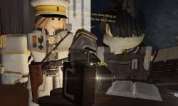 1boy 1girls 3d clothed dialogue english_text golden_empire_(grave/digger) grave/digger lettuce123455 mortician_(grave/digger) officer_(grave/digger) roblox roblox_game robloxian source_request tagme text