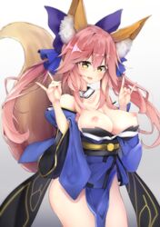 animal_ears bell bell_collar breasts breasts_out collar collarbone fate/extra fate_(series) female fox_ears fox_tail gradient gradient_background hair_ribbon harenchi japanese_clothes large_breasts looking_at_viewer nipples open_mouth pink_hair ribbon solo tail tamamo_no_mae_(fate) yellow_eyes