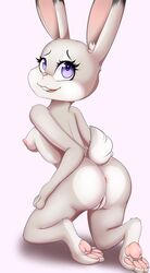 2017 anthro anus areola ass breasts disney eyelashes female fur furry furry_only grey_fur hi_res hindpaw inner_ear_fluff judy_hopps kneeling lagomorph looking_at_viewer looking_back mammal naked nipples nude open_mouth pawpads paws pink_nose pink_pawpads purple_eyes pussy rabbit simple_background small_breasts solo tail thebatfang zootopia