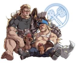 2boys bara barefoot blonde_hair blush facial_hair feet hana_(artist) handjob konohanaya male_only masturbation mosaic_censoring multiple_boys overwatch penis penis_grab reinhardt sitting size_difference smile sweat torbjörn yaoi