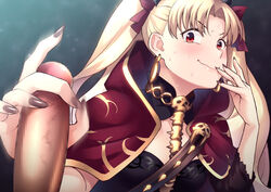 black_nails blonde_hair cape earrings ereshkigal_(fate) fate/grand_order fate_(series) female hair_ribbon handjob jewelry nail_polish penis red_eyes ribbon sweat tied_hair tkhs tohsaka_rin twintails