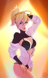 1girls blizzard_entertainment blonde_hair blue_eyes bra breasts cleavage female female_only halo large_breasts long_hair looking_at_viewer m000 mechanical_halo mercy overwatch panties ponytail solo tied_hair underwear