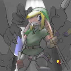 a_link_to_the_past anthro_only blin_(tloz) clothing dark_background defeat flaccid fur green_clothes humanoid_penis imminent_rape lagomorph link link_(rabbit_form) male male_only mammal moblin monster nintendo notactuallyhere octorok penis pink_fur rabbit scared tentacle testicles the_legend_of_zelda torn_clothing tunic video_games weapon