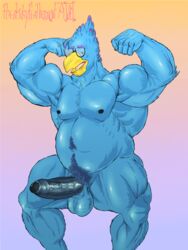 anthro avian bird erection eyewear flexing glasses humanoid_penis large_penis looking_at_viewer male male_only musclegut muscular nude penis pubes solo stickyfeathers testicles uncut