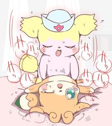 2017 ambiguous_penetration anthro anthro_on_anthro bed black_nose blonde_hair blush breath closed_eyes cowgirl_position duo featureless_limbs female fur green_eyes hair hat hatori hotnee_(cocotama) inside kamisama_minarai:_himitsu_no_cocotama luckytama male mostly_nude motion_lines multicolored_fur nurse_hat on_bed on_top one_eye_closed open_mouth orange_fur penetration sex straight sweat tan_fur tears two_tone_fur