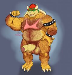 1boy anthro body_hair bowser chest_hair clothing erection facial_piercing flexing full_body hairy humanoid_penis koopa large_penis male male_only mario_(series) musclegut muscular nintendo nipple_piercing nipples nose_piercing penis piercing pubic_hair scalie shirt simple_background smile solo standing stickyfeathers tank_top testicles thick_penis uncut underwear vein veiny_penis