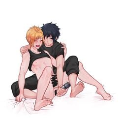 2boys anal ass_juice barefoot blush bottomless censored dildo drooling feet final_fantasy final_fantasy_xv grin male_only multiple_boys nipples noctis_lucis_caelum prompto_argentum saliva sex_toy sitting smirk soles squier toes wine yaoi