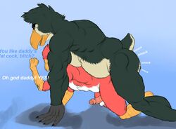 all_fours anal anal_sex anthro avian big_dom_small_sub bird duo erection father humanoid_penis male musclegut muscular nude penetration penis sex size_difference stickyfeathers testicles uncut yaoi