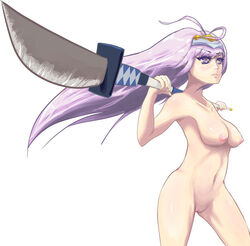 breasts female medium_breasts naginata nude purple_eyes purple_hair pussy rance_(series) sengoku_rance senhime triple-q uncensored weapon white_background