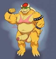 1boy anthro bowser clothing erection facial_piercing flexing full_body humanoid_penis koopa large_penis male male_only mario_(series) musclegut muscular nintendo nipple_piercing nipples nose_piercing penis piercing scalie shirt simple_background smile solo standing stickyfeathers tank_top testicles thick_penis uncut underwear vein veiny_penis