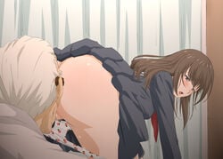 age_difference ass blush brown_eyes brown_hair commentary_request cunnilingus doctor facial_hair glasses higashitaishi ichigo_100_percent open_mouth oral panties panty_pull school_uniform serafuku stubble toujou_aya underwear white_hair