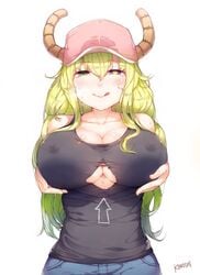 1girls :q areolae bare_shoulders baseball_cap blonde_hair blue_eyes blush breast_grab breast_hold breasts cleavage deru06 directional_arrow dragon dragon_girl dragon_horns erect_nipples female female_only gradient_hair green_eyes green_hair hat heterochromia horns large_breasts long_hair looking_at_viewer miss_kobayashi's_dragon_maid multicolored_hair no_bra paizuri_invitation quetzalcoatl_(dragon_maid) simple_background smile solo sweat tank_top tongue tongue_out underboob_cutout white_background