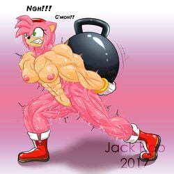 2017 abs amy_rose biceps boots breasts clothing exercise extreme_muscles female footwear fur gloves green_eyes hedgehog hyper hyper_muscles jack_hoo_(artist) mammal mostly_nude muscular muscular_female navel nipples pink_fur pussy shoes solo sonic_(series) sweat teeth weights