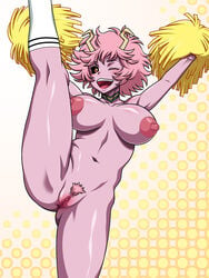 1girls areolae breasts censored cheerleader female female_only garou_damenade high_kick horns large_breasts mina_ashido my_hero_academia nude open_mouth pink_hair pink_skin pom_poms pubic_hair purple_skin pussy solo standing standing_on_one_leg vagina wink yellow_eyes