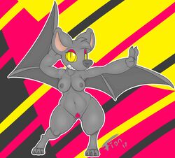 2017 anthro areola bat breasts claws female fionthebunny looking_at_viewer mammal navel nipples nude pubes pussy simple_background smile solo standing wings