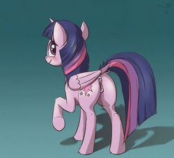 2017 alicorn anus ass blush clitoral_winking clitoris cutie_mark dock el-yeguero equine female feral friendship_is_magic green_background hair horn looking_at_viewer looking_back mammal multicolored_hair my_little_pony presenting presenting_anus presenting_pussy purple_eyes pussy simple_background solo twilight_sparkle_(mlp) unicorn_horn wings