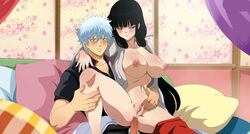 1boy anal areolae black_eyes black_hair blue_hair blush breasts clothed_sex crossover female gintama gintoki_sakata inusen inuyasha kikyo_(inuyasha) large_breasts long_hair nipples open_clothes penis puffy_nipples sex short_hair smile