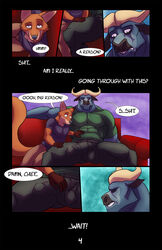 2boys abs absurdres biceps big_bulge big_penis bovine buckwulf_(artist) buffalo bulge canine cape_buffalo chief_bogo clothing comic dialogue disney english_text erection erection_under_clothes fox fur gay highres horn male male_only mammal muscular nick_wilde orange_fur pants pecs penis penis_outline shirt text yaoi zootopia