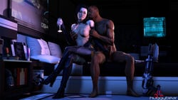 1boy 1girls 3d 3d_(artwork) areolae bed bedroom bioware black_hair black_skin breast_grab breasts breasts_grab breasts_out clothed_female_nude_male crossed_legs dark-skinned_male dark_skin erection female gloved_handjob gloves handjob high_heels huggybear implied_cuckolding implied_netorare interracial jacob_taylor large_breasts legs_crossed light-skinned_female light_skin male mass_effect mass_effect_2 miranda_lawson muscular_male nipples normandy_crew pale_skin penis straight wine_glass