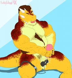 anthro cum dinosaur erection male male_only masturbation musclegut muscular nipples penetrable_sex_toy sex_toy solo stickyfeathers testicles vibrator