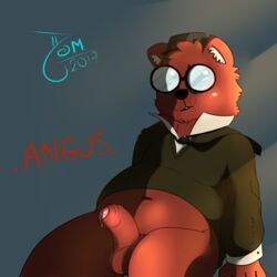 2017 angus angus_(nitw) anthro anthro_only bear blush cum erection eyewear fur furry glasses gregg_(nitw) hat horn humanoid_penis looking_at_viewer male mammal night_in_the_woods nude penis sex simple_background smile solo testicles text yaoi