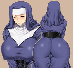 1girls akatsuki_blitzkampf alternate_breast_size anonym anonym_merel_lambuth ass breasts brown_background cameltoe closed_eyes erect_nipples female female_only freckles from_behind habit huge_breasts inaho_(megumagu) large_breasts nun simple_background solo tight_clothes upper_body