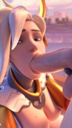 3d areolae balls blender blonde_hair breasts duo exposed_breasts faceless_male fellatio female functionally_nude highres huge_cock human looking_at_viewer male medium_breasts mercy mole mole_on_breast nipples oral overwatch penis solo_focus straight yeero