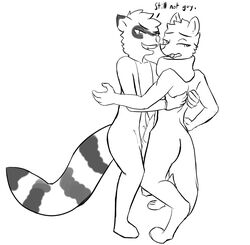 /fur/ 8chan anonymous_artist anthro bushy_(8chan) canine dialogue digitigrade duo eye_markings fox furry male mammal markings nate_(8chan) penis plantigrade raccoon scarf standing striped_tail stripes swordfighting tapering_penis yaoi