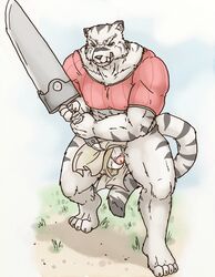 anthro clothing feline fundoshi grimoire_of_zero japanese_clothing lavilovi male male_only mammal melee_weapon mercenary_(character) mercenary_(zero_kara_hajimeru_mahou_no_sho) penis poking_out solo sword testicles tiger underwear weapon