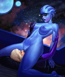 2girls alien areolae asari bare_shoulders barefoot belly bioware blonde blonde_hair blue_skin bodysuit breasts closed_eyes cora_harper erect_nipples feet female female_only hips human interspecies large_breasts legs mass_effect mass_effect_andromeda mavezar multiple_girls navel nipples peebee pussy science_fiction shiny short_hair soles thighs topless vagina yellow_eyes yuri