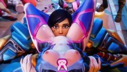 2girls 3d animated areolae black_hair breasts brown_hair cunnilingus d.va dark-skinned_female dark_skin female female_only hairless_pussy interracial lesbian looking_at_viewer medium_breasts nipples oral original_voice overwatch pharah rape restrained short_video sound ubermachineworks video yuri