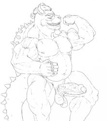 1boy anthro bara bowser erection flexing grin humanoid_penis koopa looking_at_viewer male male_only mario_(series) monochrome musclegut muscular nintendo nipple_piercing nipples nude penis piercing scalie simple_background smile solo stickyfeathers tail teeth testicles uncut video_games