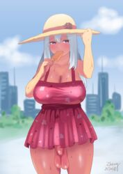 1futa 2017 artist_name blush breasts canavalia dress flaccid flaccid_penis foreskin futa_only futanari hat intersex long_hair no_panties original outdoors penis popsicle purple_eyes solo solo_futa standing sweat testicles white_hair zheng