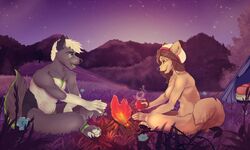 anthro breasts canine duo dyaniful female fire fur hair male mammal nipples outside penis sitting smile