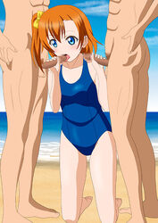 1girls 2boys blowjob blue_eyes censored censored_penis cute double_handjob fellatio female handjob kousaka_honoka love_live! love_live!_school_idol_project magicalflight male mosaic_censoring multiple_males on_knees oral orange_hair penis side_ponytail standing swimsuit tagme teenager