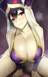 bangs bikini brown_hair cleavage fate_(series) female hoop_earrings huge_breasts looking_at_viewer mu-nyako smiling solo sweat xuanzang_(fate)